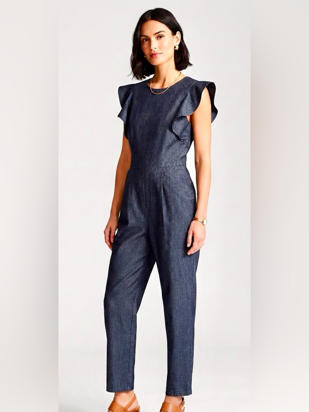 Calvin Klein Navy Ruffle Sleeve Wide Leg Jumpsuit Sz 8 - Picture 5 of 9